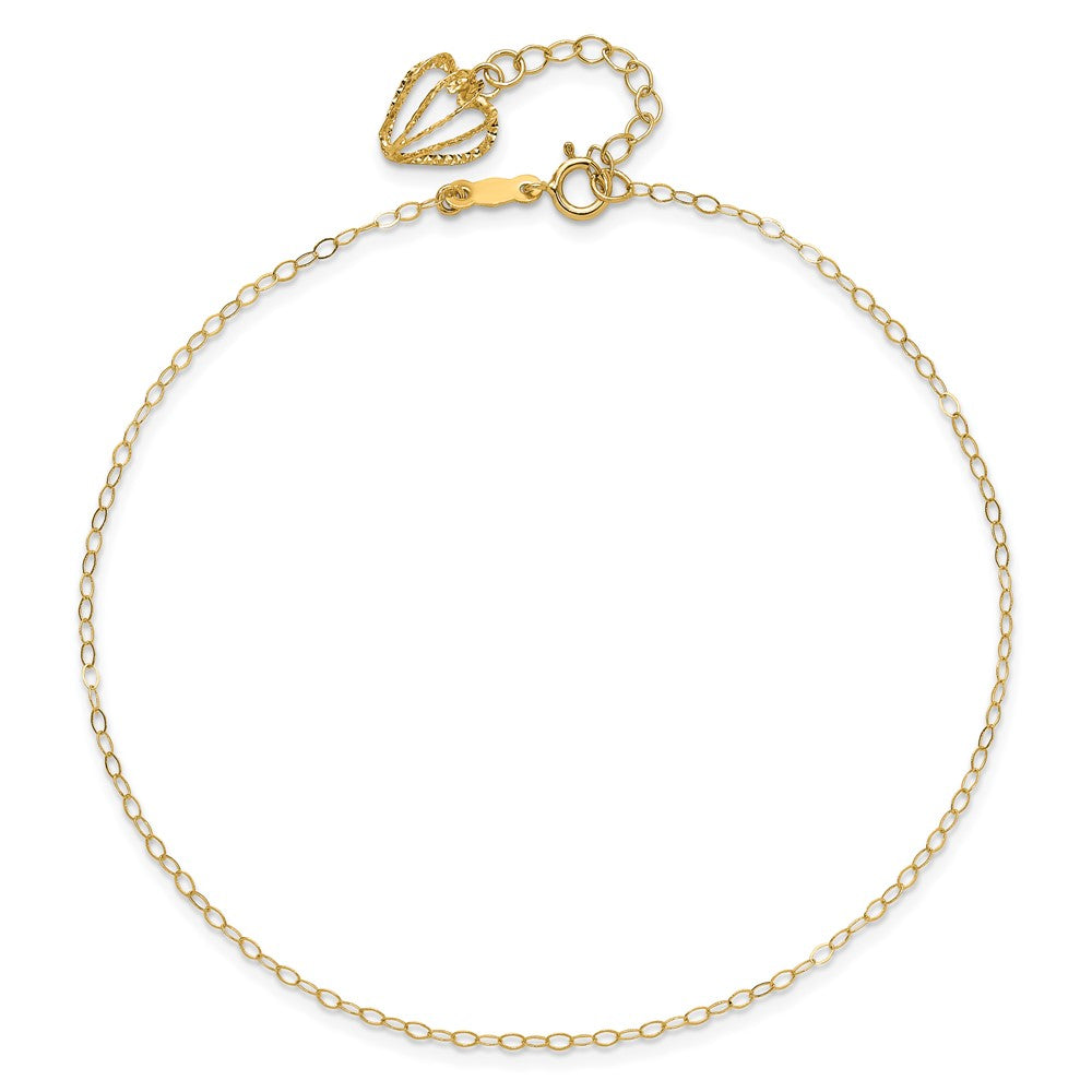 14K Cable Chain with Diamond-cut Heart Cage Dangle 10 inch Plus 1 inch Extender - Total 11 inch Anklet