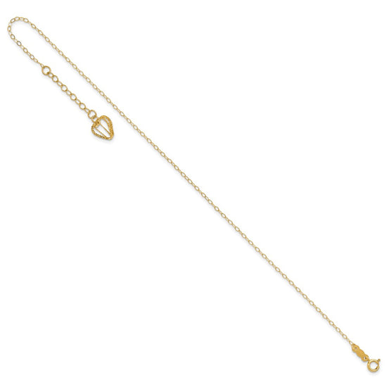 14K Cable Chain with Diamond-cut Heart Cage Dangle 10 inch Plus 1 inch Extender - Total 11 inch Anklet