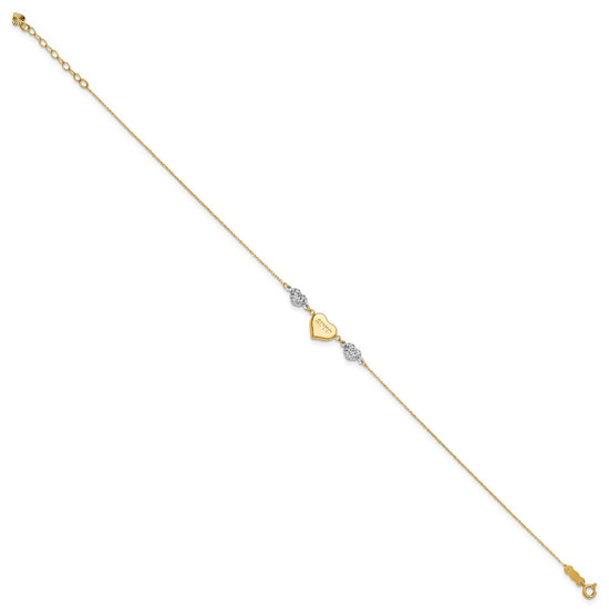 14K Two-tone Diamond-cut and LOVE Puffed Heart 9 inch Plus 1 inch Extender - Total 10 inch Anklet