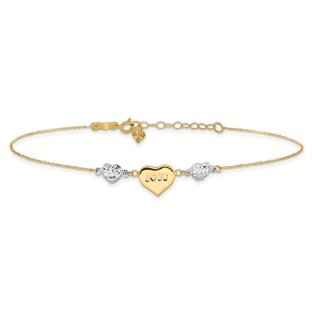 14K Two-tone Diamond-cut and LOVE Puffed Heart 10 inch Plus 1 inch Extender - Total 11 inch Anklet