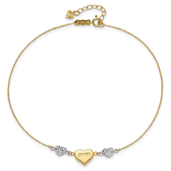 14K Two-tone Diamond-cut and LOVE Puffed Heart 10 inch Plus 1 inch Extender - Total 11 inch Anklet