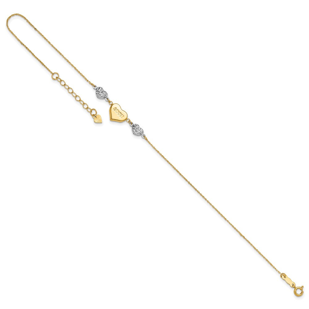 14K Two-tone Diamond-cut and LOVE Puffed Heart 10 inch Plus 1 inch Extender - Total 11 inch Anklet