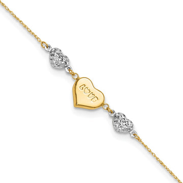 14K Two-tone Diamond-cut and LOVE Puffed Heart 9 inch Plus 1 inch Extender - Total 10 inch Anklet