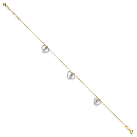 14K Two-tone Twisted Diamond-cut 3 Heart Dangles 9 inch Plus 1 inch Extender Total 10 inch Anklet