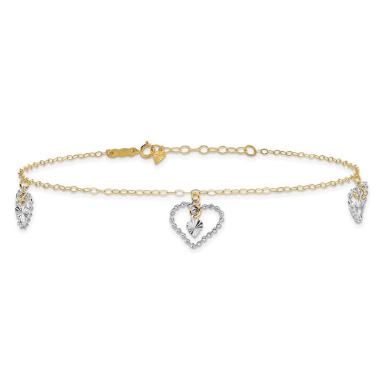 14K Two-tone Twisted Diamond-cut 3 Heart Dangles 9 inch Plus 1 inch Extender - Total 10 inch Anklet