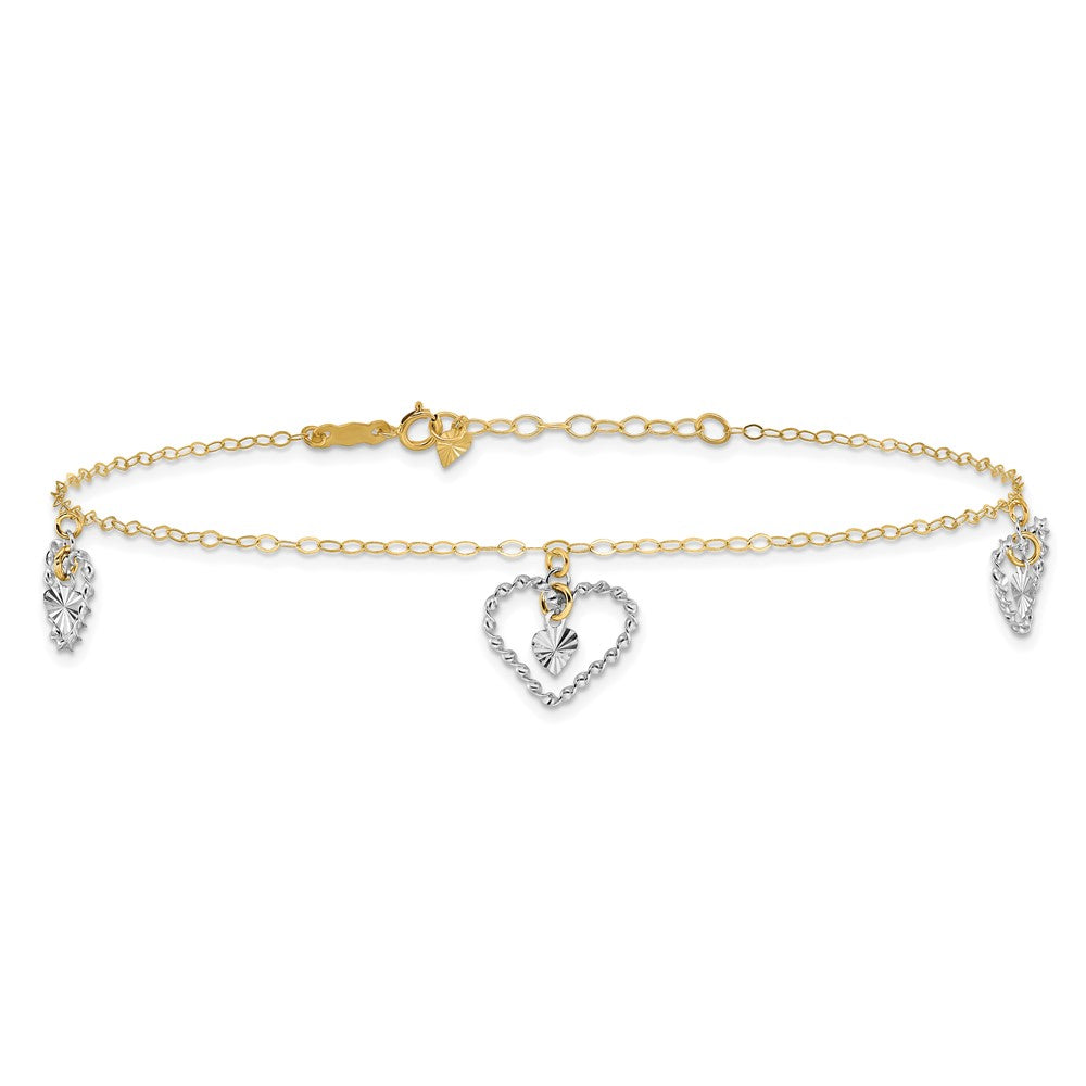 14K Two-tone Twisted Diamond-cut 3 Heart Dangles 9 inch Plus 1 inch Extender - Total 10 inch Anklet