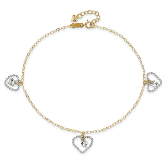 14K Two-tone Twisted Diamond-cut 3 Heart Dangles 9 inch Plus 1 inch Extender - Total 10 inch Anklet