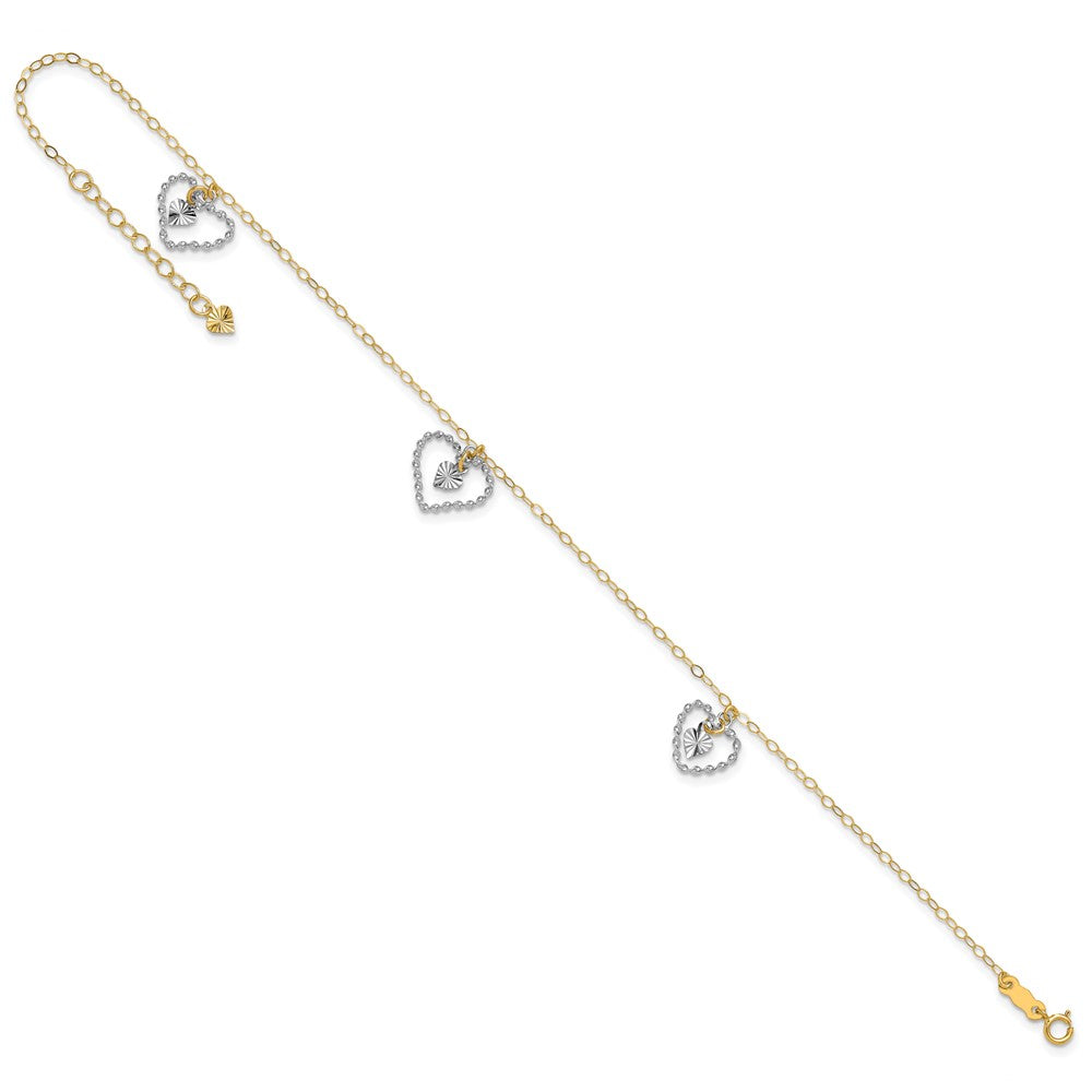 14K Two-tone Twisted Diamond-cut 3 Heart Dangles 9 inch Plus 1 inch Extender - Total 10 inch Anklet