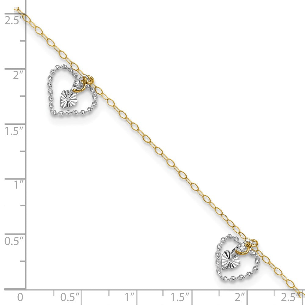 14K Two-tone Twisted Diamond-cut 3 Heart Dangles 9 inch Plus 1 inch Extender Total 10 inch Anklet