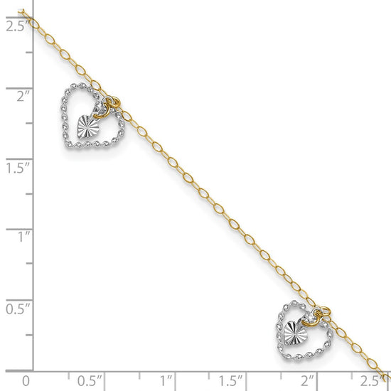 14K Two-tone Twisted Diamond-cut 3 Heart Dangles 9 inch Plus 1 inch Extender - Total 10 inch Anklet
