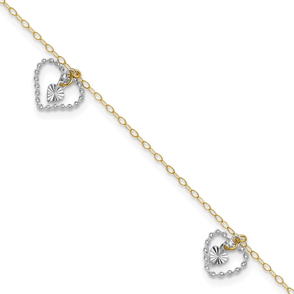 14K Two-tone Twisted Diamond-cut 3 Heart Dangles 9 inch Plus 1 inch Extender Total 10 inch Anklet