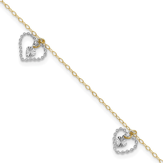 14K Two-tone Twisted Diamond-cut 3 Heart Dangles 9 inch Plus 1 inch Extender Total 10 inch Anklet