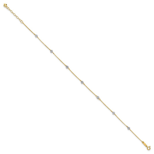 14K Two-tone Diamond-cut Beads 7-Station 9 inch Plus 1 inch Extender Total 10 inch Anklet