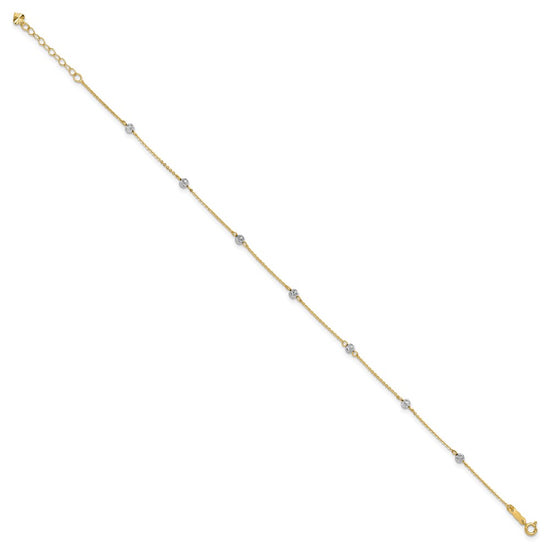 14K Two-tone Diamond-cut Beads 7-Station 9 inch Plus 1 inch Extender - Total 10 inch Anklet