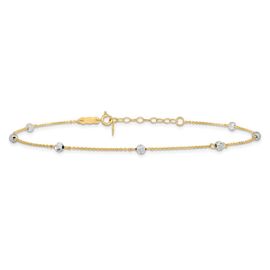 14K Two-tone Diamond-cut Beads 7-Station 9 inch Plus 1 inch Extender Total 10 inch Anklet