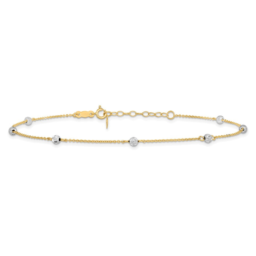14K Two-tone Diamond-cut Beads 7-Station 9 inch Plus 1 inch Extender Total 10 inch Anklet