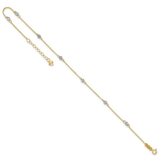 14K Two-tone Diamond-cut Beads 7-Station 9 inch Plus 1 inch Extender Total 10 inch Anklet