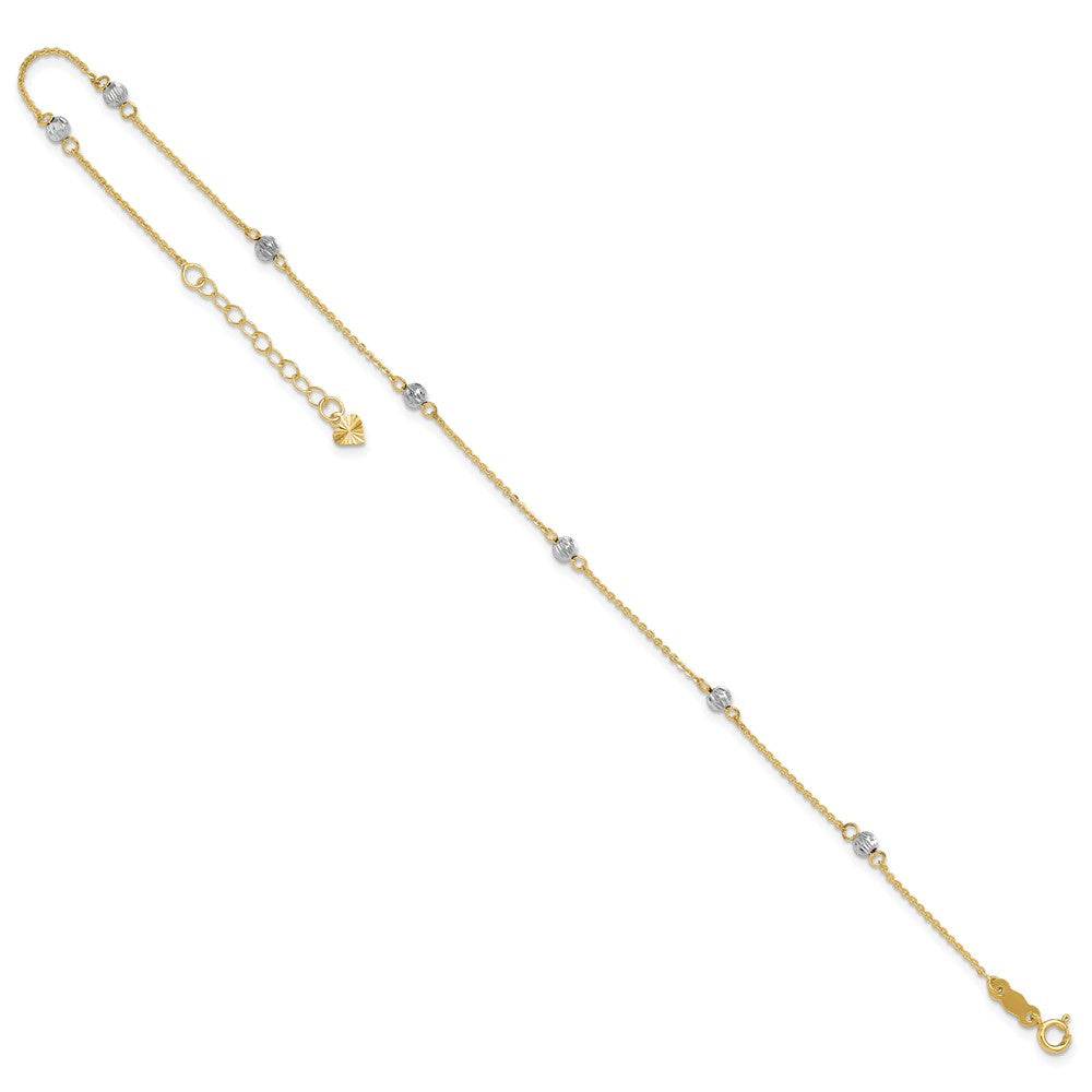 14K Two-tone Diamond-cut Beads 7-Station 9 inch Plus 1 inch Extender - Total 10 inch Anklet