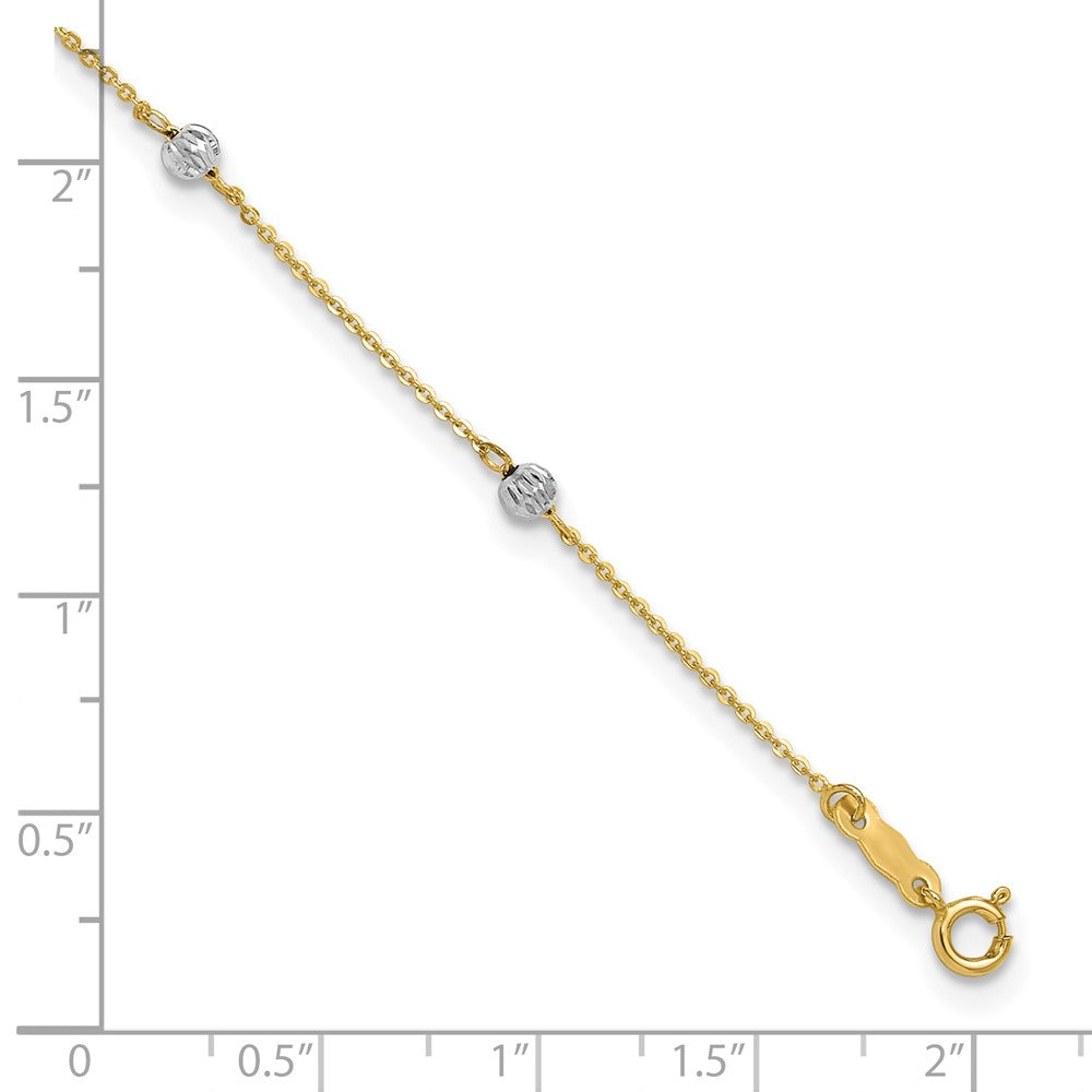 14K Two-tone Diamond-cut Beads 7-Station 9 inch Plus 1 inch Extender Total 10 inch Anklet