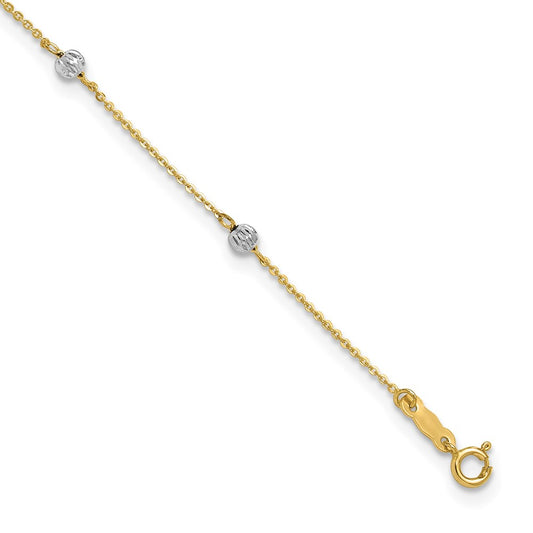 14K Two-tone Diamond-cut Beads 7-Station 9 inch Plus 1 inch Extender Total 10 inch Anklet