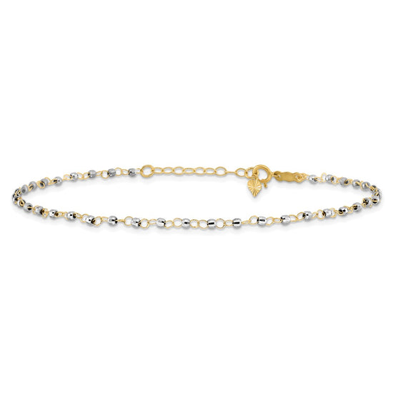 14K Two-tone Chain with Mirror Beads 9 inch Plus 1 inch Extender Total 10 inch Anklet