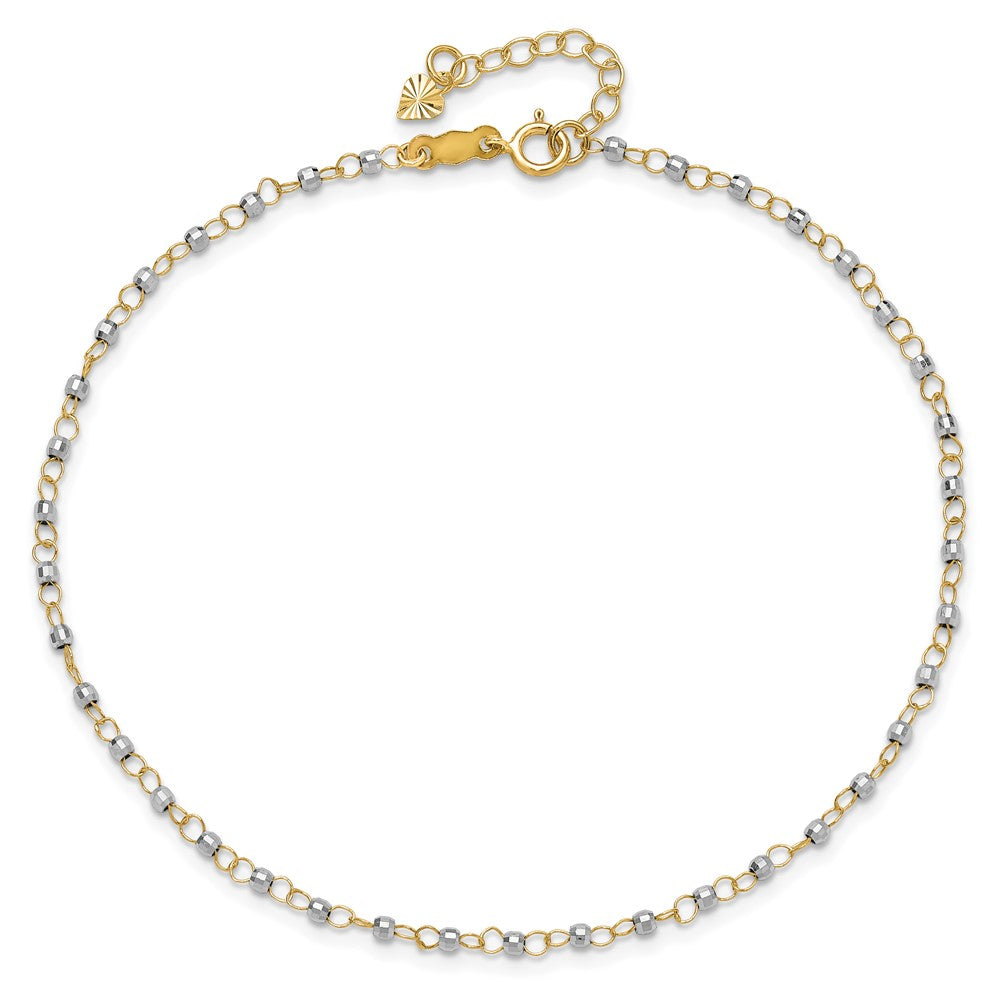 14K Two-tone Chain with Mirror Beads 9 inch Plus 1 inch Extender Total 10 inch Anklet