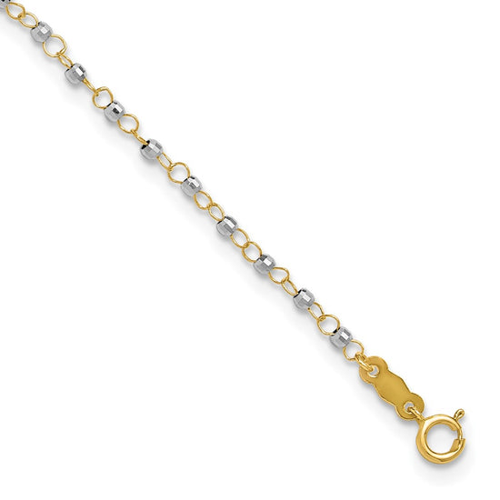 14K Two-tone Chain with Mirror Beads 9 inch Plus 1 inch Extender Total 10 inch Anklet