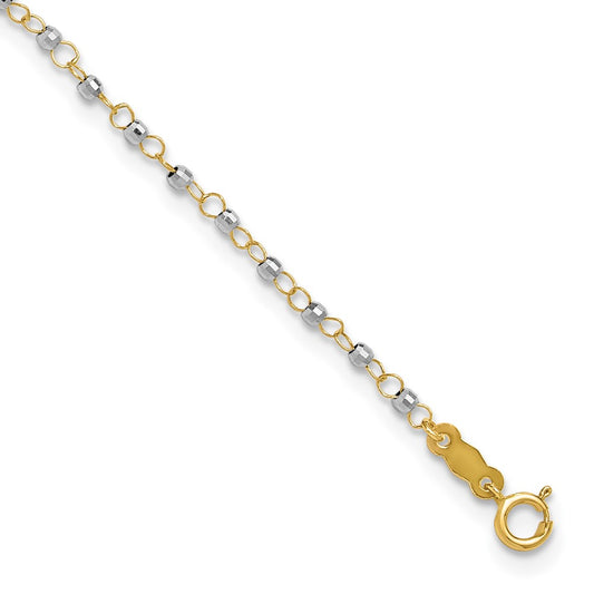 14K Two-tone Chain with Mirror Beads 9 inch Plus 1 inch Extender Total 10 inch Anklet