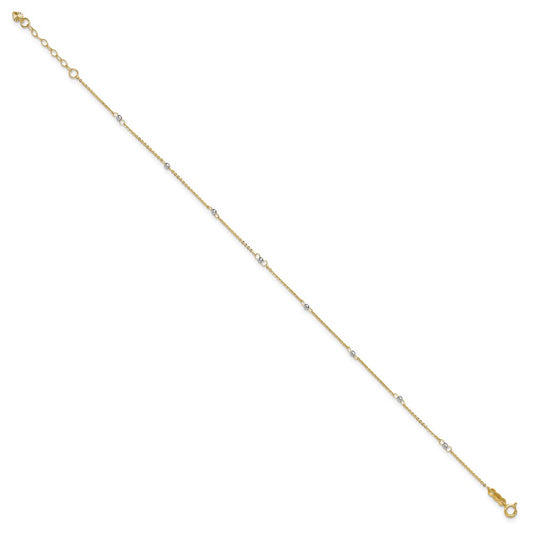 14k Two-tone Cable Chain Mirror Beads 8-Station 9 inch Plus 1 inch Extender Total 10 inch Anklet