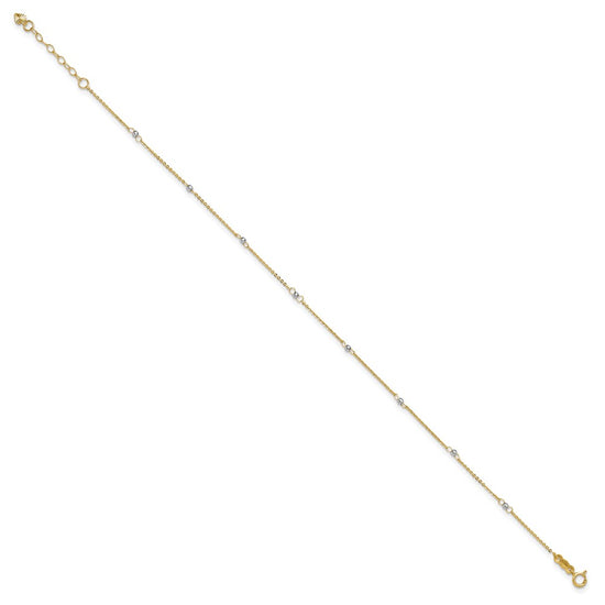 14k Two-tone Cable Chain Mirror Beads 8-Station 9 inch Plus 1 inch Extender - Total 10 inch Anklet