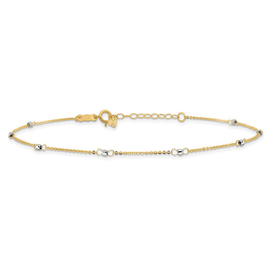 14k Two-tone Cable Chain Mirror Beads 8-Station 9 inch Plus 1 inch Extender Total 10 inch Anklet