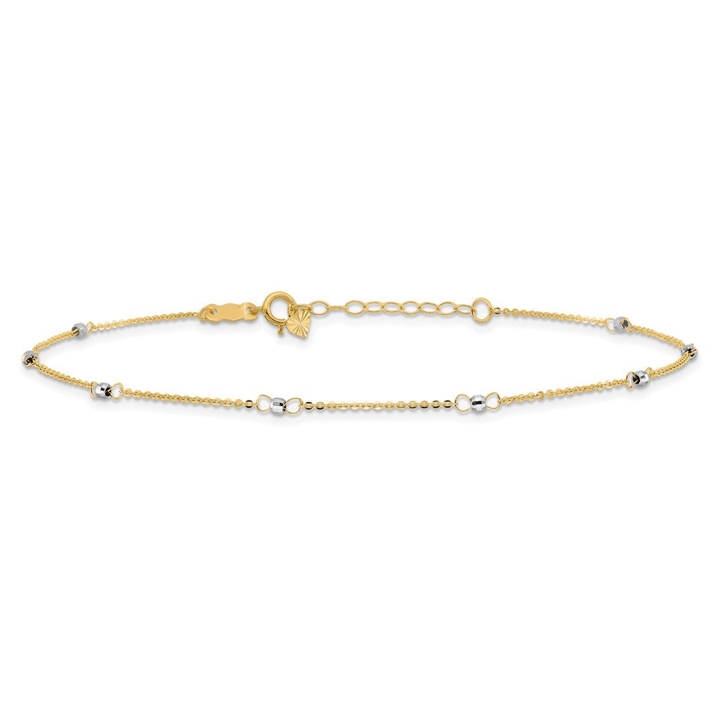 14k Two-tone Cable Chain Mirror Beads 8-Station 9 inch Plus 1 inch Extender Total 10 inch Anklet