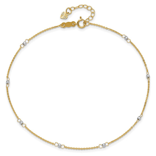 14k Two-tone Cable Chain Mirror Beads 8-Station 9 inch Plus 1 inch Extender Total 10 inch Anklet