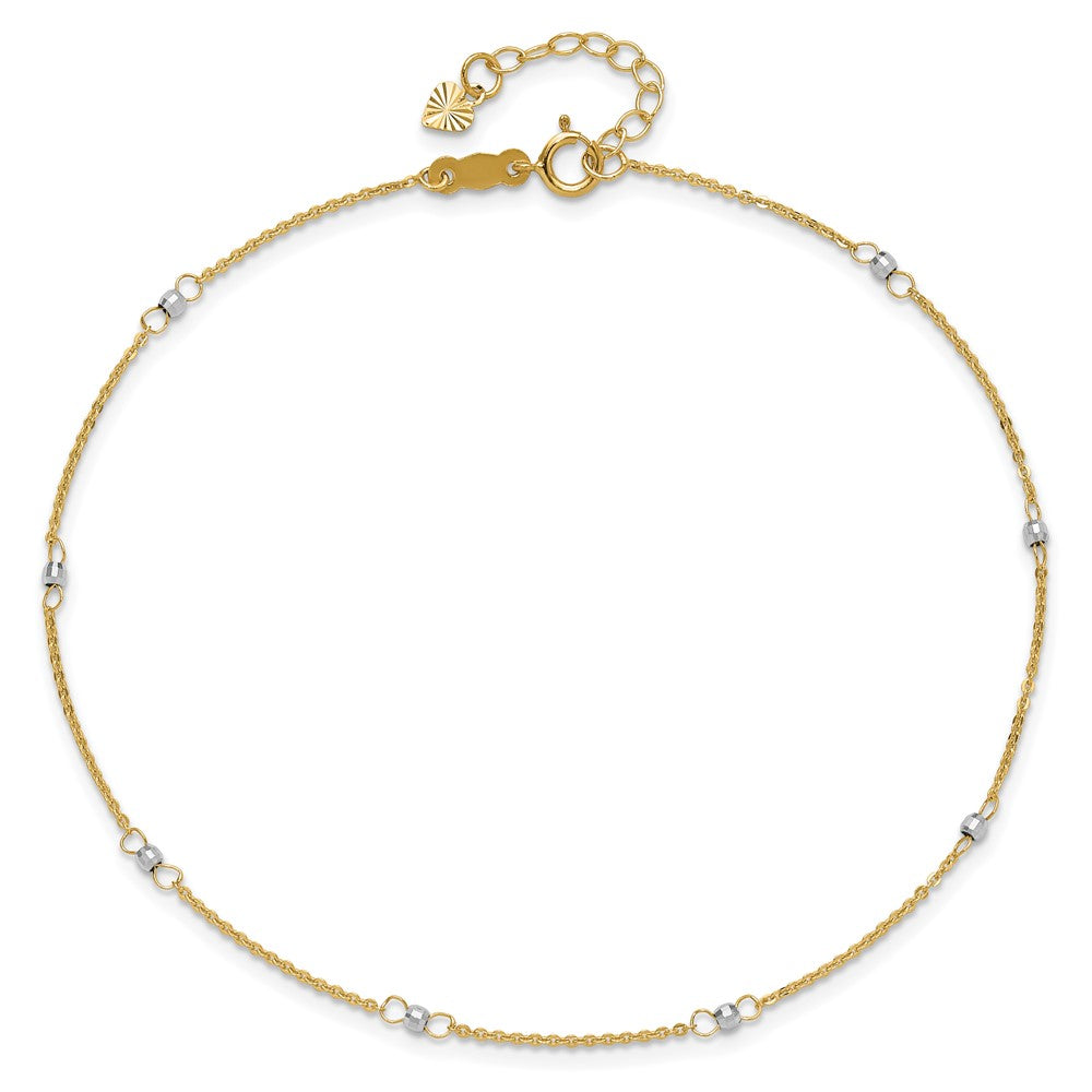14k Two-tone Cable Chain Mirror Beads 8-Station 9 inch Plus 1 inch Extender Total 10 inch Anklet