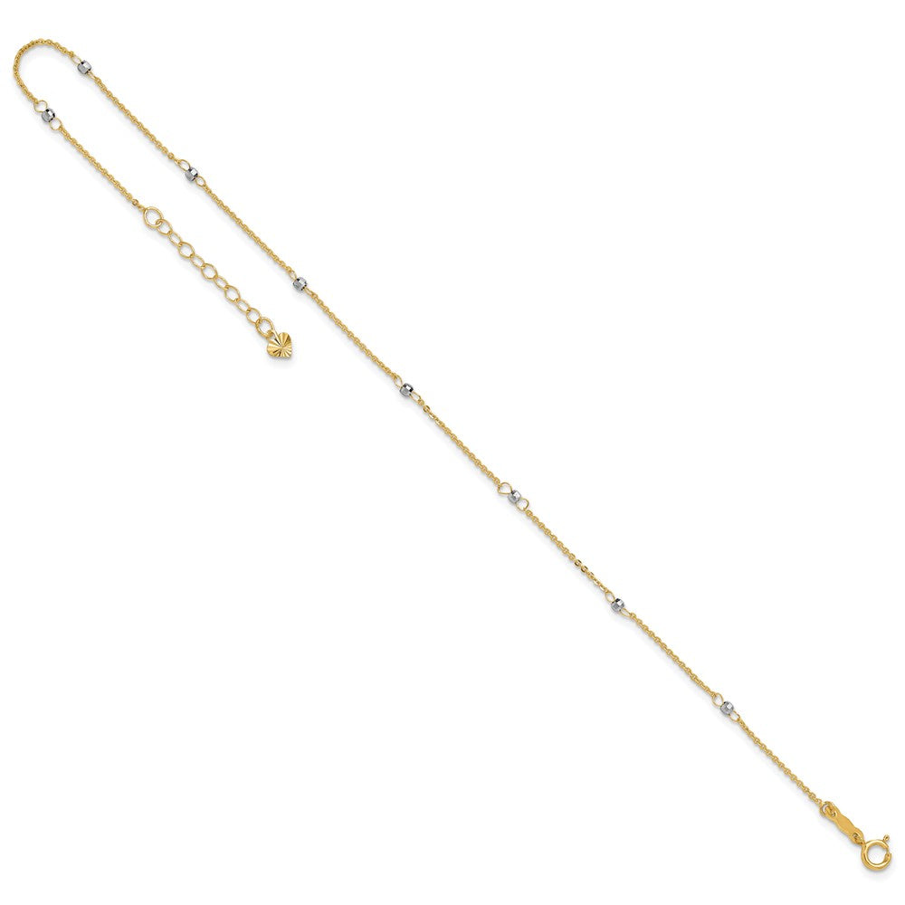 14k Two-tone Cable Chain Mirror Beads 8-Station 9 inch Plus 1 inch Extender Total 10 inch Anklet