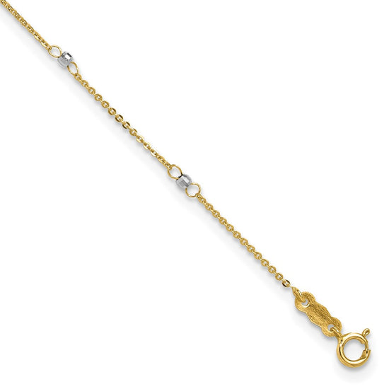 14k Two-tone Cable Chain Mirror Beads 8-Station 9 inch Plus 1 inch Extender Total 10 inch Anklet