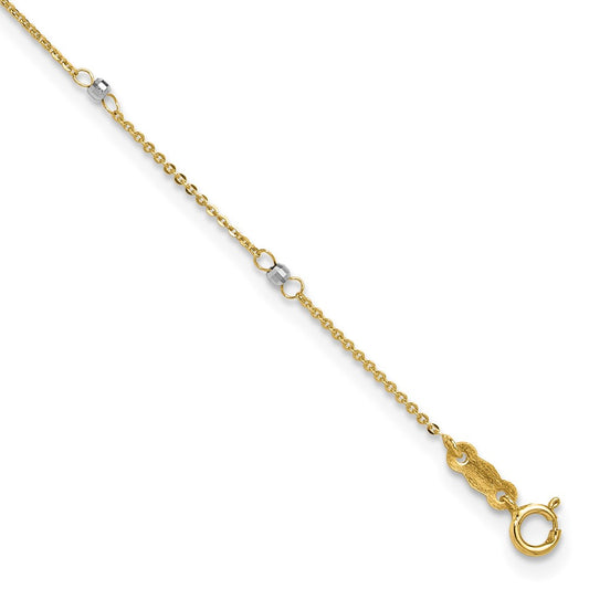 14k Two-tone Cable Chain Mirror Beads 8-Station 9 inch Plus 1 inch Extender Total 10 inch Anklet