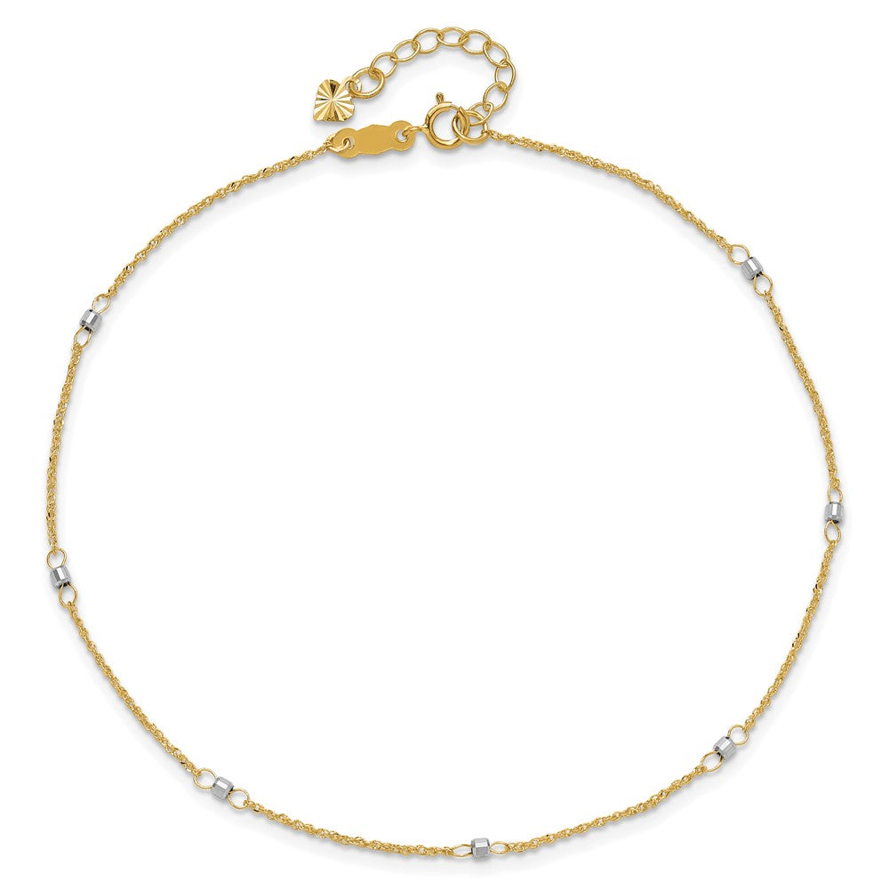 14K Two-tone Ropa Chain Mirror Beads 7-Station 9 inch Plus 1 inch Extender - Total 10 inch Anklet