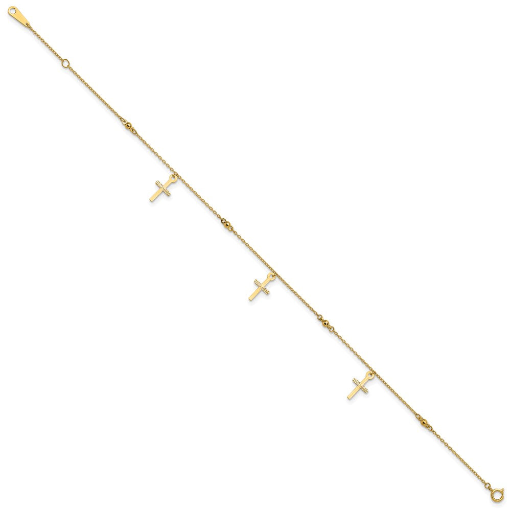 14k Diamond-cut 3 Cross Dangles and Beads 9 inch Plus 1 inch Extender - Total 10 inch Anklet
