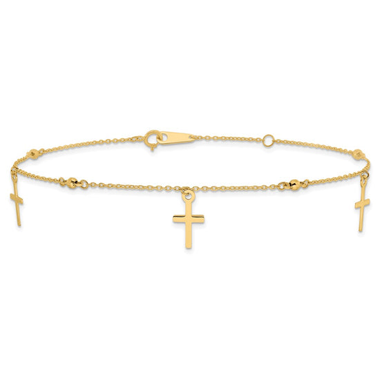 14k Diamond-cut 3 Cross Dangles and Beads 9 inch Plus 1 inch Extender - Total 10 inch Anklet
