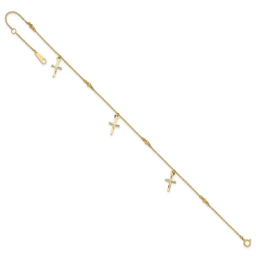 14k Diamond-cut 3 Cross Dangles and Beads 9 inch Plus 1 inch Extender - Total 10 inch Anklet