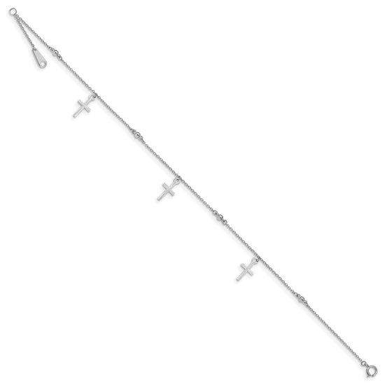 14k White Gold Diamond-cut 3 Cross Dangles and Beads 9 inch Plus 1 inch Extender - Total 10 inch Anklet