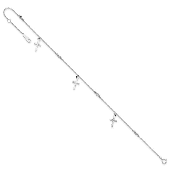 14k White Gold Diamond-cut 3 Cross Dangles and Beads 9 inch Plus 1 inch Extender - Total 10 inch Anklet