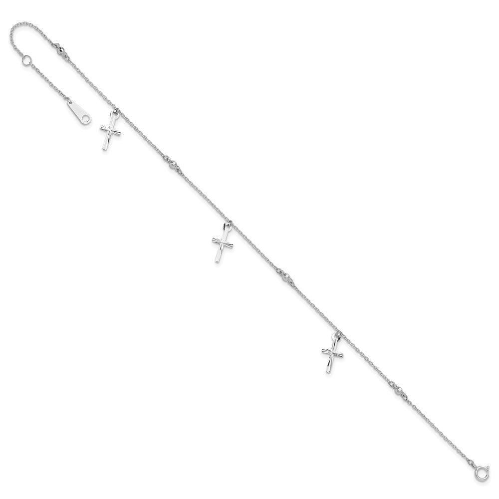 14k White Gold Diamond-cut 3 Cross Dangles and Beads 9 inch Plus 1 inch Extender - Total 10 inch Anklet