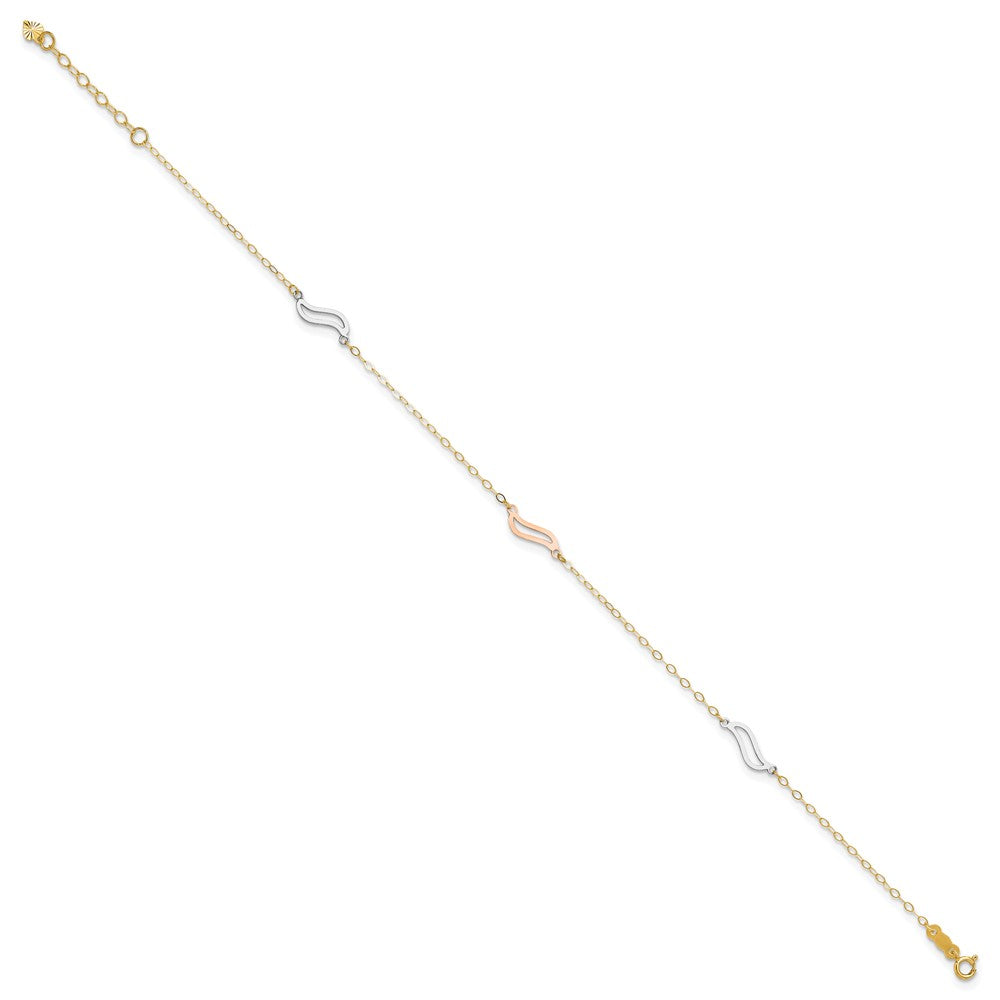 14K Tri-color Open Wavy Links 3-Station 9 inch Plus 1 inch Extender Total 10 inch Anklet