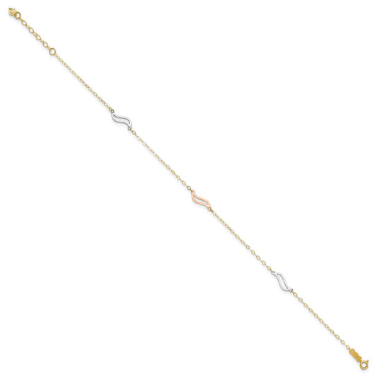 14K Tri-color Open Wavy Links 3-Station 9 inch Plus 1 inch Extender Total 10 inch Anklet