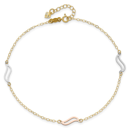 14K Tri-color Open Wavy Links 3-Station 9 inch Plus 1 inch Extender - Total 10 inch Anklet