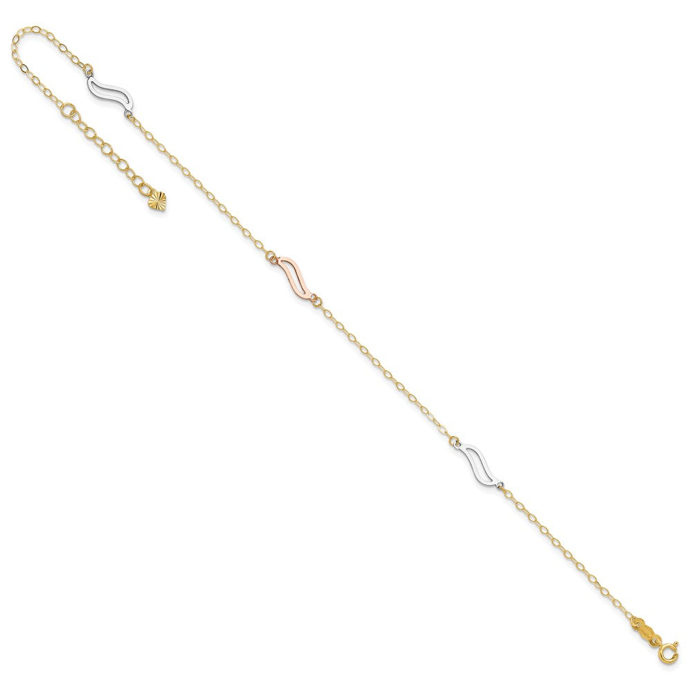 14K Tri-color Open Wavy Links 3-Station 9 inch Plus 1 inch Extender Total 10 inch Anklet
