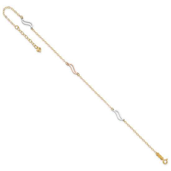 14K Tri-color Open Wavy Links 3-Station 9 inch Plus 1 inch Extender - Total 10 inch Anklet