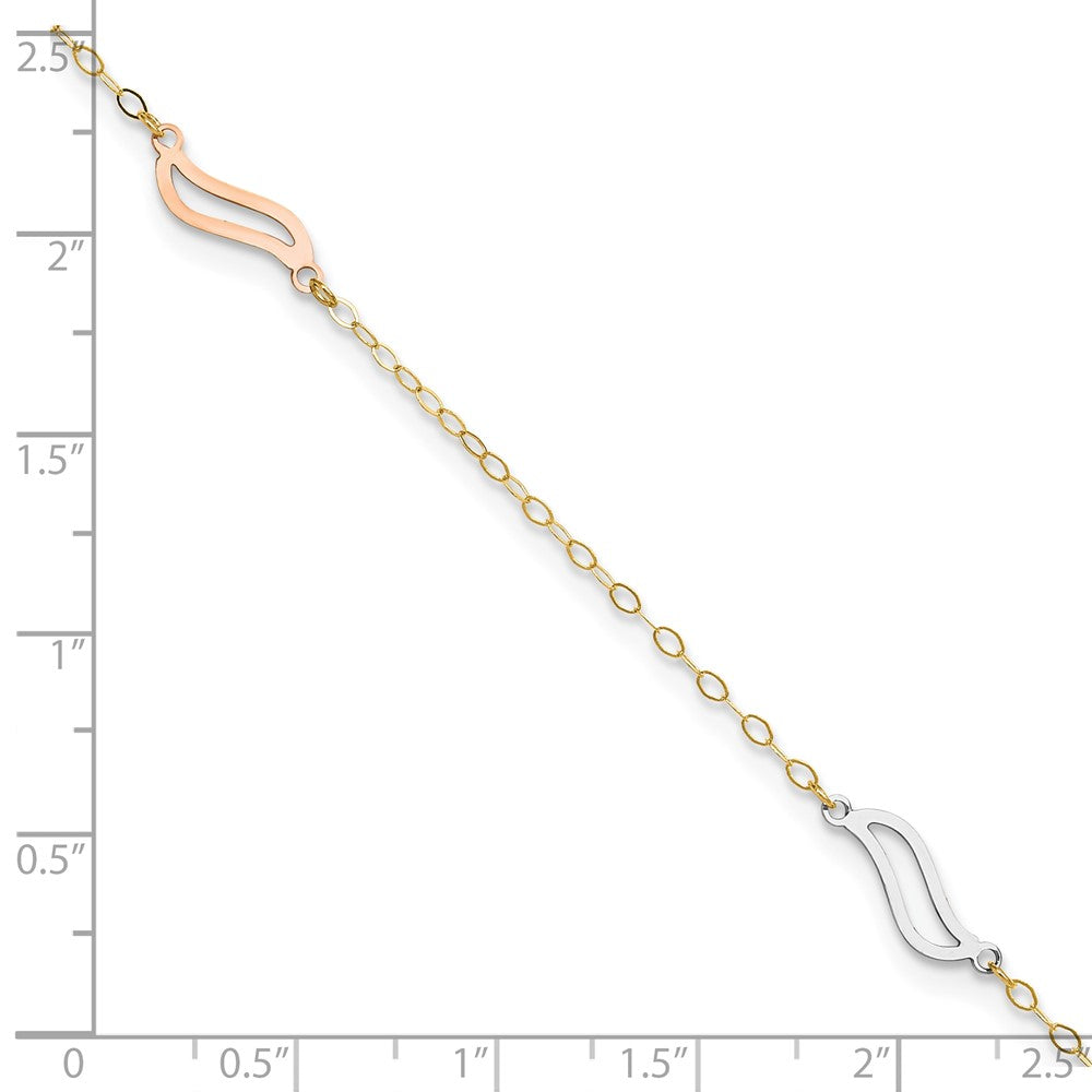 14K Tri-color Open Wavy Links 3-Station 9 inch Plus 1 inch Extender Total 10 inch Anklet